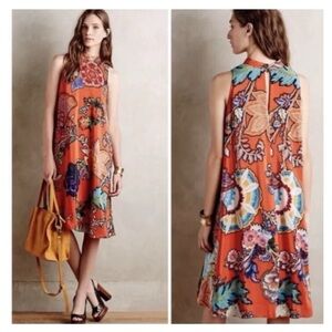Anthropologie Maeve Larkhill Orange Silk Floral Sleeveless Midi Dress